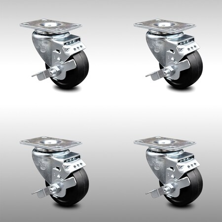 Service Caster 3.5 Inch SS Soft Rubber Swivel Top Plate Caster Set with Brake SCC-SS20S3514-SRS-TLB-4